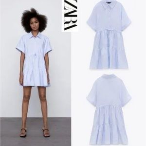 ZARA Womens Oxford Mini Dress Blue Cotton Ruffle Tunic shirt dress XS